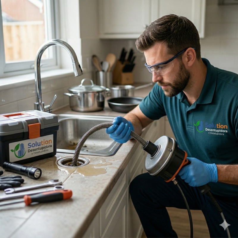 Técnico Solution Desentupidora realizando desentupimento